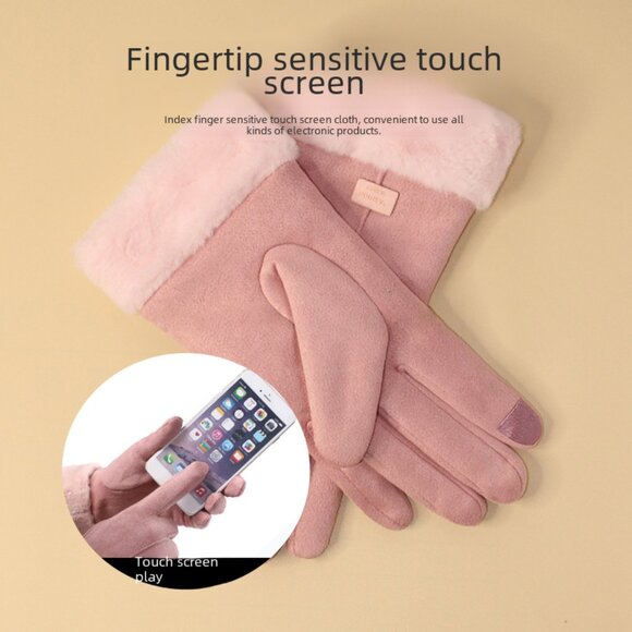 2/$30 Black Touch Screen Faux Suede Fashion Gloves with Faux Fur Trim Winter - Picture 4 of 6